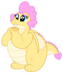 Size: 1600x1863 | Tagged: safe, artist:aleximusprime, imported from derpibooru, oc, oc:buttercream, oc:buttercream the dragon, dragon, flurry heart's story, big eyes, chubby, cute, dilated pupils, dragon oc, dragoness, fat, female, please, simple background, solo, transparent background