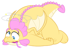 Size: 1280x903 | Tagged: safe, artist:aleximusprime, imported from derpibooru, oc, oc:buttercream, oc:buttercream the dragon, dragon, flurry heart's story, chubby, derp, dizzy, dragon oc, dragoness, fat, female, forked tongue, heart shaped, injured, lying down, simple background, solo, stars, tongue out, transparent background, tripped