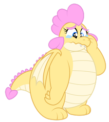 Size: 1600x1789 | Tagged: safe, artist:aleximusprime, imported from derpibooru, oc, oc:buttercream, oc:buttercream the dragon, dragon, flurry heart's story, crying, cute, dragon oc, dragoness, fat, female, heart shaped, sad, sad eyes, sad face, simple background, solo, transparent background, wavy mouth