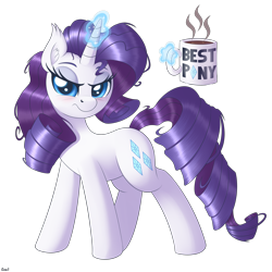 Size: 4000x4000 | Tagged: safe, artist:ziemniax, imported from derpibooru, rarity, pony, unicorn, absurd resolution, best pony, blushing, coffee, coffee mug, ear fluff, female, glowing, glowing horn, horn, looking at you, magic, mare, messy hair, messy mane, mug, signature, simple background, solo, telekinesis, transparent background
