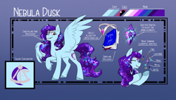 Size: 2048x1166 | Tagged: safe, artist:cosmalumi, imported from derpibooru, oc, oc only, oc:nebula dusk, pegasus, pony, crystalline hair, female, gradient background, looking at you, mare, raised hoof, reference sheet, smiling, smiling at you, solo, spread wings, unshorn fetlocks, wings