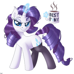 Size: 4000x4000 | Tagged: safe, alternate version, artist:ziemniax, imported from derpibooru, rarity, pony, unicorn, absurd resolution, best pony, blushing, clothes, coffee, coffee mug, ear fluff, female, glowing, glowing horn, horn, looking at you, magic, mare, messy hair, messy mane, mug, signature, simple background, solo, stockings, telekinesis, thigh highs, transparent background