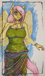 Size: 958x1625 | Tagged: safe, artist:bantha, imported from derpibooru, fluttershy, anthro, blushing, clothes, dress, marker drawing, smiling, solo, traditional art