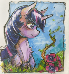 Size: 1258x1357 | Tagged: safe, artist:bantha, imported from derpibooru, twilight sparkle, pony, bust, chest fluff, female, mare, markers, portrait, smiling, solo, traditional art
