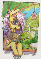 Size: 1280x1856 | Tagged: safe, artist:bantha, imported from derpibooru, fluttershy, pegasus, pony, bird house, blushing, female, garden, looking at you, mare, markers, mouth hold, solo, traditional art, tree, watering can