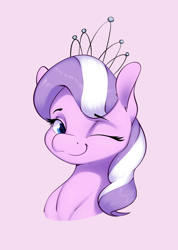 Size: 1602x2253 | Tagged: safe, artist:aquaticvibes, imported from derpibooru, diamond tiara, earth pony, pony, bust, cute, diamondbetes, female, filly, foal, jewelry, one eye closed, pink background, simple background, smiling, solo, tiara, wink