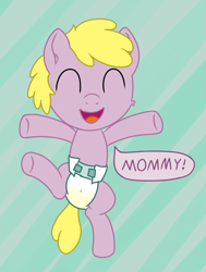 Size: 1135x1500 | Tagged: safe, artist:cleverround, imported from derpibooru, oc, oc only, oc:puppysmiles, pony, cute, dialogue, diaper, diaper fetish, ear fluff, eyes closed, female, fetish, filly, foal, happy, heart, looking at you, open mouth, raised leg, smiling, solo, standing, standing on one leg, underhoof, urine, wet diaper