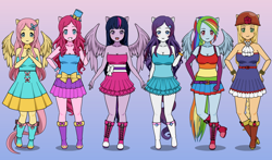 Size: 800x470 | Tagged: safe, artist:gugunet-26, imported from derpibooru, applejack, fluttershy, pinkie pie, rainbow dash, rarity, twilight sparkle, human, equestria girls, equestria girls (movie), boots, cowboy hat, fall formal outfits, hat, high heel boots, humanized, kisekae, shoes