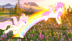 Size: 1280x720 | Tagged: safe, artist:memengla, imported from derpibooru, oc, oc only, pegasus, pony, unicorn, bow, duo, hair bow, jumping, rainbow, running
