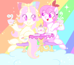 Size: 4068x3582 | Tagged: safe, artist:memengla, imported from derpibooru, oc, oc only, pegasus, pony, unicorn, bow, cup, duo, eye clipping through hair, hair bow, table, teacup, teapot