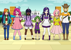 Size: 800x566 | Tagged: safe, artist:shannaheart, imported from derpibooru, applejack, fluttershy, pinkie pie, rainbow dash, rarity, spike, twilight sparkle, human, belt, boots, clothes, cowboy boots, cowboy hat, dark skin, hat, horn, horned humanization, humanized, jeans, kisekae, mane seven, mane six, pants, shoes, socks, stockings, striped socks, thigh highs, winged humanization, wings