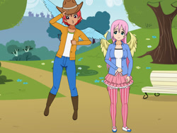 Size: 1024x768 | Tagged: safe, artist:jawolfadultishart, imported from derpibooru, fluttershy, rainbow dash, human, boots, clothes, clothes swap, cowboy boots, cowboy hat, duo, hat, humanized, jeans, kisekae, pants, shoes, winged humanization, wings