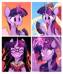 Size: 2480x2924 | Tagged: safe, artist:fanzeem, imported from derpibooru, twilight sparkle, alicorn, pony, unicorn, bag, big crown thingy, book, candle, confetti, cute, element of magic, eyes closed, female, frown, glasses, glowing, glowing horn, grin, high res, hoof hold, horn, jewelry, levitation, looking at you, magic, mare, messy mane, mouth hold, open mouth, paper, pencil, pencil in mouth, regalia, saddle bag, shrunken pupils, smile and wave, smiling, smoke, solo, spread wings, telekinesis, throne, twiabetes, twilight sparkle (alicorn), underhoof, unicorn twilight, unshorn fetlocks, waving, wide eyes, wings