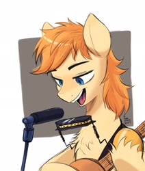 Size: 1737x2048 | Tagged: safe, artist:fanzeem, imported from derpibooru, oc, oc only, oc:haymaker, earth pony, pony, acoustic guitar, bust, guitar, harmonica, male, microphone, musical instrument, open mouth, singing, solo, stallion, three quarter view, unshorn fetlocks