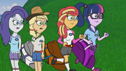 Size: 1280x720 | Tagged: safe, imported from derpibooru, applejack, rarity, sci-twi, sunset shimmer, twilight sparkle, equestria girls, bag, camp everfree outfits, eddy misbehaves at camp goville, female, goanimate, grass, lesbian, open mouth, rarijack, roblox, running, scitwishimmer, shipping, shocked, shocked expression, sunsetsparkle, turned head