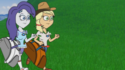 Size: 1280x720 | Tagged: safe, imported from derpibooru, applejack, rarity, equestria girls, bag, camp everfree outfits, eddy misbehaves at camp goville, female, goanimate, grass, lesbian, rarijack, roblox, running, shipping