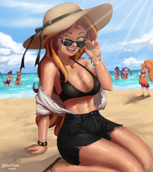 Size: 2200x2480 | Tagged: safe, artist:nire, imported from derpibooru, adagio dazzle, aria blaze, rainbow dash, sci-twi, sonata dusk, sunset shimmer, twilight sparkle, equestria girls, alcohol, beach, beach ball, belly button, bikini, bow, bra, bracelet, breasts, busty sunset shimmer, cleavage, clothes, cocktail, crepuscular rays, drink, geode of empathy, glasses, hat, jewelry, looking at you, magical geodes, nail polish, one eye closed, open mouth, sarong, selfie, shirt, shorts, smiling, smiling at you, spiked wristband, sunglasses, swimsuit, tan lines, tan skin, tanned, the dazzlings, underwear, wink, winking at you, wristband