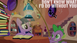 Size: 1280x720 | Tagged: safe, edit, edited screencap, editor:quoterific, imported from derpibooru, screencap, spike, twilight sparkle, dragon, pony, unicorn, season 3, spike at your service, book, female, golden oaks library, male, mare, smiling, unicorn twilight