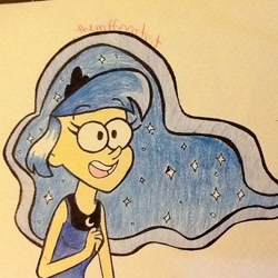 Size: 640x640 | Tagged: safe, artist:themuffinartist, imported from derpibooru, princess luna, human, clothes, crossover, crown, dress, gravity falls, humanized, jewelry, regalia, smiling, solo, style emulation, traditional art