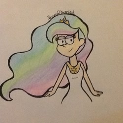 Size: 640x640 | Tagged: safe, artist:themuffinartist, imported from derpibooru, princess celestia, human, clothes, crossover, crown, dress, eyeshadow, gravity falls, humanized, jewelry, makeup, regalia, smiling, solo, style emulation, traditional art