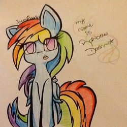 Size: 640x640 | Tagged: safe, artist:themuffinartist, imported from derpibooru, rainbow dash, pegasus, pony, one ear down, solo, text, traditional art