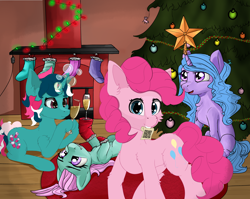 Size: 5000x3984 | Tagged: safe, artist:aquamuro, artist:uteuk, imported from derpibooru, fizzy, izzy moonbow, minty, pinkie pie, earth pony, pony, unicorn, alcohol, champagne, champagne glass, christmas, christmas tree, clothes, fireplace, g1, g3, g4, g5, garland, holiday, my little pony: a new generation, qr code, socks, stars, tree, wine