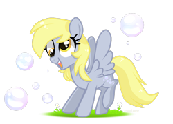 Size: 1159x835 | Tagged: safe, artist:kaikururu, imported from derpibooru, derpy hooves, pegasus, pony, bubble, cute, derpabetes, eyelashes, female, flower, grass, mare, simple background, smiling, solo, transparent background, wings