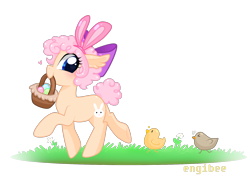 Size: 1600x1200 | Tagged: safe, artist:kaikururu, imported from derpibooru, oc, oc only, bird, chicken, pony, bunny ears, commission, easter egg, eyelashes, female, mare, mouth hold, simple background, smiling, solo, transparent background, ych result