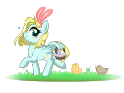 Size: 1600x1200 | Tagged: safe, artist:kaikururu, imported from derpibooru, oc, oc only, bird, chicken, pegasus, pony, bunny ears, commission, easter egg, eyelashes, female, mare, pegasus oc, simple background, smiling, solo, transparent background, wing hands, wing hold, wings, ych result