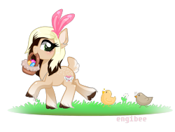 Size: 1600x1200 | Tagged: safe, artist:kaikururu, imported from derpibooru, oc, oc only, bird, chicken, earth pony, pony, bunny ears, commission, easter egg, eyelashes, female, mare, mouth hold, simple background, smiling, solo, transparent background, unshorn fetlocks, ych result