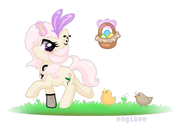 Size: 1600x1200 | Tagged: safe, artist:kaikururu, imported from derpibooru, oc, oc only, bird, chicken, pony, unicorn, bunny ears, commission, ear piercing, earring, easter egg, eyelashes, female, fishnets, glowing, glowing horn, horn, jewelry, magic, mare, piercing, simple background, smiling, solo, telekinesis, transparent background, unicorn oc, ych result