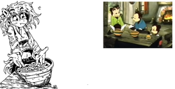 Size: 1586x809 | Tagged: safe, artist:porcelanowyokular, imported from derpibooru, oc, oc only, anthro, earth pony, basket, earth pony oc, food, pasta, screencap reference, simple background, somebody toucha my spaghet, spaghetti, white background