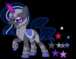 Size: 1128x881 | Tagged: safe, artist:teonnakatztkgs, imported from derpibooru, oc, oc only, pony, unicorn, angry, base used, black background, eyelashes, female, horn, makeup, mare, raised hoof, reference sheet, simple background, smiling, solo, stars, unicorn oc