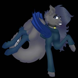 Size: 1500x1500 | Tagged: safe, artist:teonnakatztkgs, imported from derpibooru, oc, oc only, bat pony, pony, bat pony oc, bat wings, black background, clothes, collar, grin, simple background, smiling, socks, solo, wings