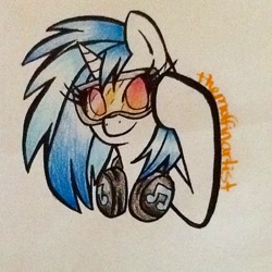 Size: 640x640 | Tagged: safe, artist:themuffinartist, imported from derpibooru, dj pon-3, vinyl scratch, pony, unicorn, headphones, no pupils, solo, sunglasses, traditional art