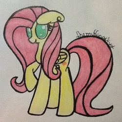 Size: 640x640 | Tagged: safe, artist:themuffinartist, imported from derpibooru, fluttershy, pegasus, pony, ears back, female, folded wings, full body, hooves, mare, no pupils, raised hoof, shy, solo, standing, tail, traditional art, wings
