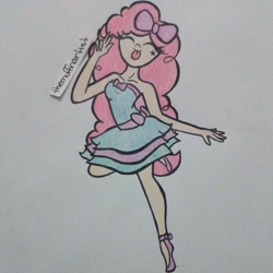 Size: 640x640 | Tagged: safe, artist:themuffinartist, imported from derpibooru, pinkie pie, human, :p, bare shoulders, bow, clothes, dress, eyes closed, hair bow, humanized, peace sign, shoes, sleeveless, solo, strapless, tongue out