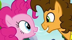 Size: 1280x720 | Tagged: safe, imported from derpibooru, screencap, cheese sandwich, pinkie pie, earth pony, pony, pinkie pride, duo, female, looking at each other, looking at someone, male, mare, smiling, stallion