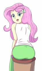 Size: 1679x2856 | Tagged: safe, artist:sumin6301, imported from derpibooru, fluttershy, equestria girls, ass, butt, female, flutterbutt, looking at you, looking back, looking back at you, open mouth, simple background, sitting, solo, stupid sexy fluttershy, white background