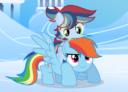 Size: 2636x1903 | Tagged: safe, artist:cheekycheesefan101, imported from derpibooru, rainbow dash, oc, oc:blizzard cloud, pony, female, filly, foal, offspring, parent:rainbow dash, parent:soarin', parents:soarindash