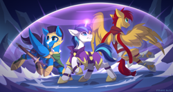 Size: 3510x1868 | Tagged: safe, artist:strafe blitz, imported from derpibooru, flash magnus, shining armor, oc, oc:enduro elite, pegasus, pony, unicorn, armor, belt, blue coat, blue eyes, cloak, clothes, coat markings, determined, dust, folded wings, force field, glowing, glowing horn, gritted teeth, guard, helmet, high res, hoof shoes, horn, magic, male, red mane, red tail, rock, spread wings, stallion, sword, tail, trio, weapon, white coat, wings, yellow coat