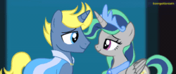 Size: 800x340 | Tagged: safe, artist:georgegarza01, imported from derpibooru, oc, oc only, oc:light breeze, oc:mythic blue hope, alicorn, unicorn, alicorn oc, animated, blushing, boop, eyes closed, gif, horn, lightverse, looking at each other, looking at someone, noseboop, unicorn oc, wings