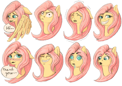 Size: 3508x2480 | Tagged: safe, artist:ardilya, imported from derpibooru, fluttershy, pegasus, blue eyes, bust, colored, crying, digital art, emotes, expressions, floppy ears, heart eyes, laughing, poggers, portrait, simple background, white background, wingding eyes