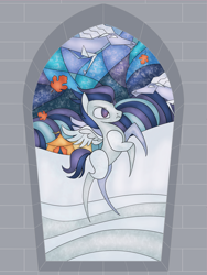 Size: 2400x3200 | Tagged: safe, artist:sixes&sevens, imported from derpibooru, rumble, pegasus, windigo, circus tent, fanfic, fanfic art, fanfic cover, ice, male, maple leaf, rearing, snow, stained glass