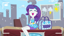 Size: 3410x1920 | Tagged: safe, imported from derpibooru, screencap, rarity, best trends forever, equestria girls, equestria girls series, bracelet, camera shot, clothes, cute, cutie mark, cutie mark on clothes, eyes closed, female, geode of shielding, hairpin, hands together, high res, jewelry, legs, magical geodes, open mouth, open smile, raribetes, rarity peplum dress, sitting, smiling, solo