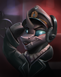 Size: 1200x1500 | Tagged: safe, artist:richmay, imported from derpibooru, oc, oc only, changeling, equestria at war mod, bust, cap, changeling oc, clothes, faic, hat, military, military uniform, poggers, solo, uniform, war, world war ii