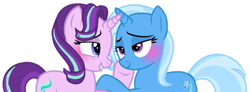 Size: 1280x469 | Tagged: safe, artist:kurisha-chan, artist:princess-kitsune-tsu, imported from derpibooru, starlight glimmer, trixie, pony, unicorn, blue eyes, blushing, duo, duo female, female, grin, horn, lesbian, lidded eyes, looking at each other, looking at someone, mare, purple eyes, raised hoof, shipping, show accurate, simple background, smiling, startrix, tail, transparent background, two toned mane, two toned tail