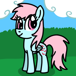 Size: 768x768 | Tagged: safe, artist:danielthebrony57, imported from derpibooru, wind whistler, pegasus, pony, cloud, cloudy, cute, eye clipping through hair, female, folded wings, full body, g1, g1 to g4, g4, generation leap, hooves, land, mare, outdoors, pink eyes, pink mane, pink tail, ponyland, shadow, smiling, solo, standing, tail, whistlerbetes, wings