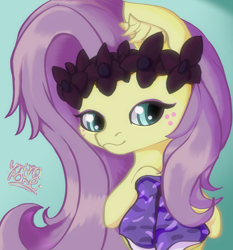 Size: 2538x2728 | Tagged: safe, artist:umbrapone, imported from derpibooru, fluttershy, oc, pegasus, pony, bust, clothes, ear fluff, floral head wreath, flower, fluttersona, freckles, green eyes, hooves, leg warmers, long mane, ponysona, prize, purple mane, raffle prize, signature, solo