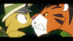 Size: 1280x720 | Tagged: safe, imported from derpibooru, screencap, daring do, big cat, pegasus, pony, tiger, read it and weep, angry, boop, eye contact, fangs, female, hat, looking at each other, looking at someone, mare, sharp teeth, teeth